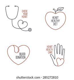 Set of linear medical icons and emblems for heart health, cardiology and blood donation