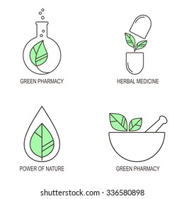 Conjunto de íconos y emblemas médicos lineales para medicina vegetal y farmacia verde