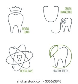 Set of linear medical icons and emblems for teeth health care, dentistry and dental clinic