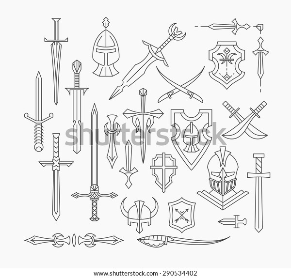 Set of linear medieval weapon and\
shields, line monochromatic isolated historical objects.\
