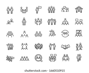 Set of linear meeting icons. Training icons in simple design. Vector illustration