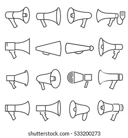 Set of linear megaphone icons isolated on a white background. Vector illustration