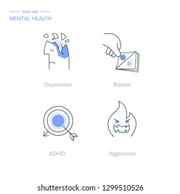 Set of linear mental health icons: depression, bipolar disorder and mood swings, attention deficit hyperactivity syndrome, aggression.