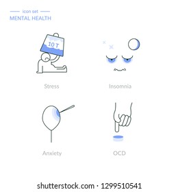 Set of linear mental health icons: stress, insomnia, anxiety, obsessive–compulsive disorder.