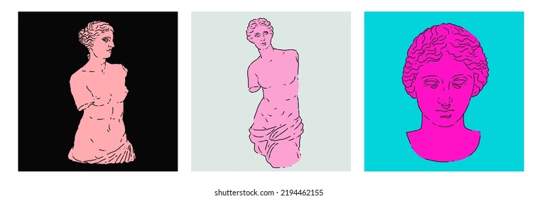 Set of linear minimal illustrations of Venus statues. Modern art for print design. 
