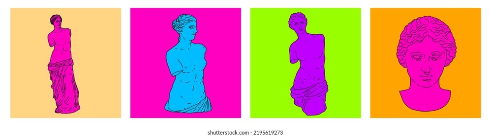 Set of linear minimal illustrations of Venus statues. Modern art for print design. 