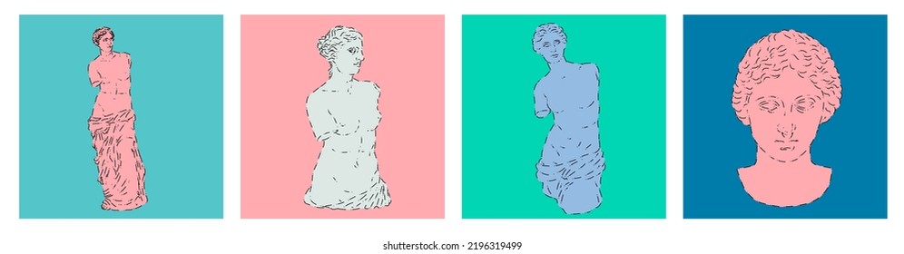 Set of linear minimal illustrations of Venus statues. Modern art for print design. 