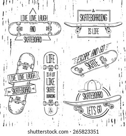 Set of linear, modern logos, signs, badges, labels, stickers with skateboard and cap. Geometric shapes. Hand-style. Grungy texture. Vector.