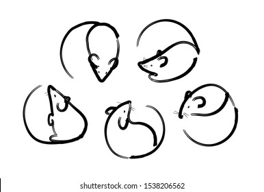Set of linear mouse icons. Several top and side views, brush drawing. Minimalistic logo, symbol, sign of mouse, rat, rodent. Black outline isolated on white background. Vector for your design.