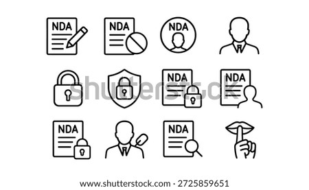 Set of linear nda icons. Contract of non disclosure agreement with business document. Great design for print and web.