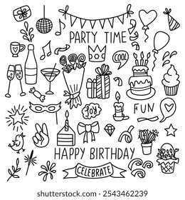Set of linear objects on the theme of birthday celebration.Black outlines isolated on white background.Vector doodle elements for card,banner template,pattern.Coloring page. Graphic illustration.