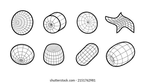 Conjunto de objetos lineales con un contorno grueso. Formas y cuadrículas ovales 3d geométricas vectoriales. Ciberformas geométricas esféricas