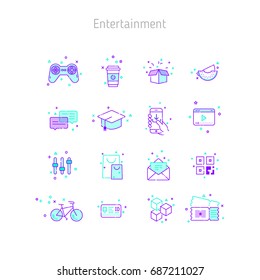 Set of linear outline icons of Entertainment. Icons for web sites, illustration for text blocks on the web sites. Misc decor, noise.