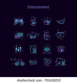 Set of linear outline icons of Entertainment. Icons for web sites, illustration for text blocks on the web sites.