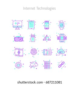 Set of linear outline icons of Internet Technologies. Icons for web sites, illustration for text blocks on the web sites. Misc decor, noise.