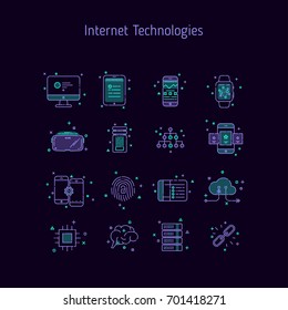 Set of linear outline icons of Internet Technologies. Icons for web sites, illustration for text blocks on the web sites.
