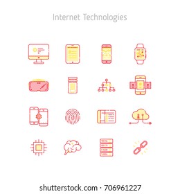 Set of linear outline icons of Internet Technologies. Icons for web sites, illustration for text blocks on the web sites.