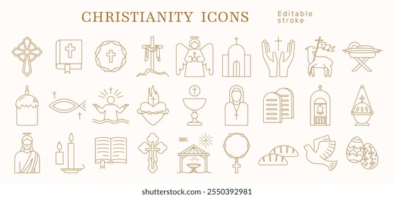 Conjunto de iconos de contorno lineal de símbolos religiosos relacionados con el cristianismo, la Iglesia, la Religión, Dios. Elementos, Navidades, Pascua, Epifanía, Jesús. Ilustración vectorial. Trazo editable