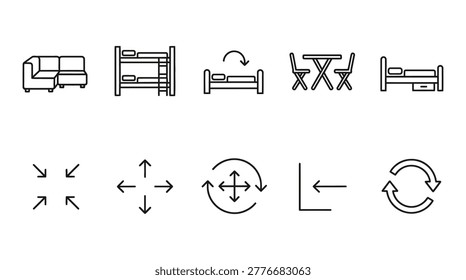 A set of linear outline icons representing various furniture pieces and spatial arrangement directional symbols, perfect for interior design concepts, floor plan planning, and home decor applications.