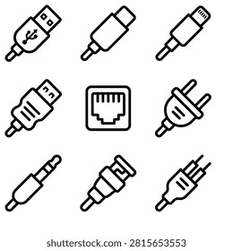 Set of Linear Outline Icons Representing Various Digital and Audio Connection Plugs and Jacks