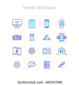 Set of linear outline vector icons of Internet Technologies. Icons for web sites, illustration for text blocks on the web sites.