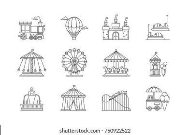 Set of linear park icons vector flat elements. Amusement park objects isolated on white background. Park with ferris wheel, circus, carousel, attractions.