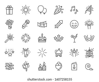 Set of linear party icons. Celebration icons in simple design. Vector illustration