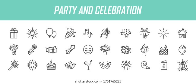 Conjunto de iconos de partido lineales. Iconos de celebración de diseño simple. Ilustración del vector