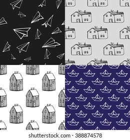 Set of linear  patterns with houses paper ships and paper planes. Hand drawn backgrounds.