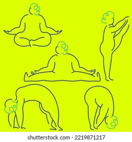 Conjunto de gente lineal haciendo yoga en diferentes poses. Ilustración vectorial plana