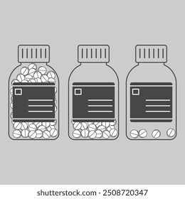 Set of linear pharmaceutical drugs in medicine bottles. Full, half filled and with several pills
