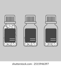 Set of linear pharmaceutical drugs in medicine bottles. Full, half filled and with several pills

