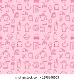 Set of linear pink icons for coffee shop pattern seamless with pink Background. Vector illustration. 