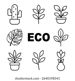 Set of linear plant icons - collection of minimal botanical outlines. Vector illustration