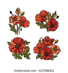 Set of linear poppy flowers. Vector illustration