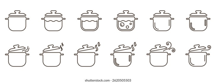 Set of linear pot or saucepan icons. Hot pan with steam line icon isolated on transparent background. A saucepan or pot with boiling water inside. Cooking icon set. Soup line icon. Boiling soup icon.
