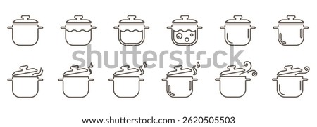 Set of linear pot or saucepan icons. Hot pan with steam line icon isolated on transparent background. A saucepan or pot with boiling water inside. Cooking icon set. Soup line icon. Boiling soup icon.