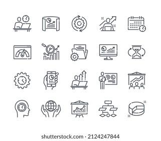 Set of linear productivity and efficiency icons. Minimalistic icons with list of tasks, time management, teamwork, projects and employees. Cartoon flat vector collection isolated on white background