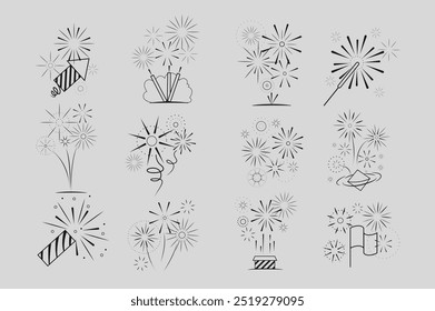 Conjunto de pirotecnia lineal en diseño plano de dibujos animados. Bocetos que representan diferentes tipos de fuegos artificiales, perfectos para Anuncios de vacaciones, tarjetas de felicitación e invitaciones a eventos. Ilustración vectorial.