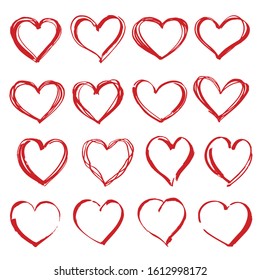 Set of linear red hearts of different shapes. Heart doodles, Hand drawn love hearts. Vector illustration.