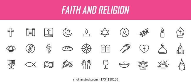 Set Of Linear Religion Icons. Faith Icons In Simple Design. Vector Illustration