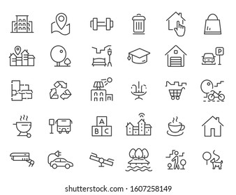 Set of linear residential complex icons. Infrastructure icons in simple design. Vector illustration