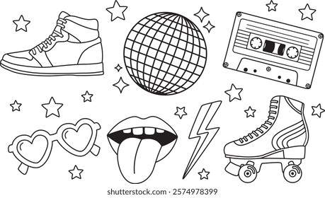 Set of linear retro elements of 80s-90s. Drawn in doodle style roller skate, glasses, disco ball, sneakers, tape cassette, lips, lightning and stars