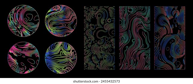 Conjunto de Formas geométricas retrofuturistas lineales y formas con patrón trippy glitchy en colores vibrantes holográficos de neón. 