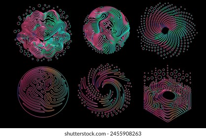 Set of linear retrofuturistic geometric shapes and forms with glitchy trippy pattern in neon holographic vibrant colors. 