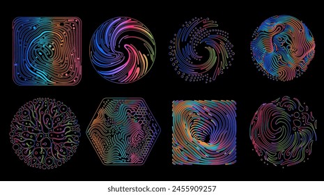 Set of linear retrofuturistic geometric shapes and forms with glitchy trippy pattern in neon holographic vibrant colors. 