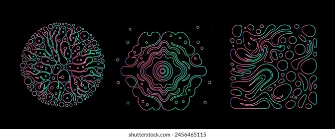 Set of linear retrofuturistic geometric shapes and forms with glitchy trippy pattern in neon holographic vibrant colors. 