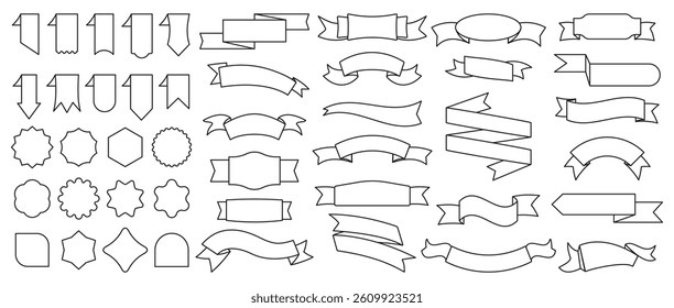 Set of the linear Ribbons, banners, badges, labels, bookmark tags. Decorative ribbons collection. Royal ribbons set for sale, promotion design, books and stickers. Flat vector isolated on white