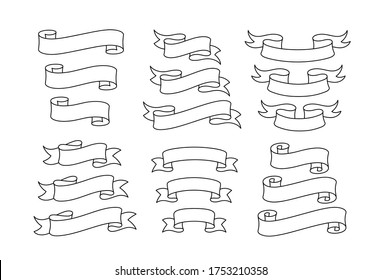 Set of linear ribbons. Modern flat ribbons of different shapes.