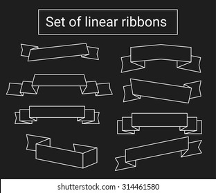 Set of linear ribbons. thin line on dark background.